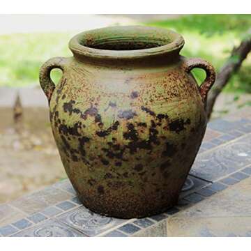 Egyptian Era Designed Earthen Ware Terra-Cotta Vessel/Planter with Looped Handles (Fat Belly Winter Green)