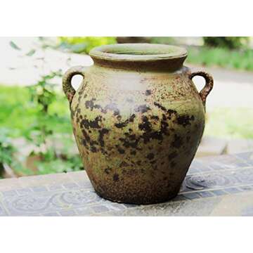 Egyptian Era Designed Earthen Ware Terra-Cotta Vessel/Planter with Looped Handles (Fat Belly Winter Green)