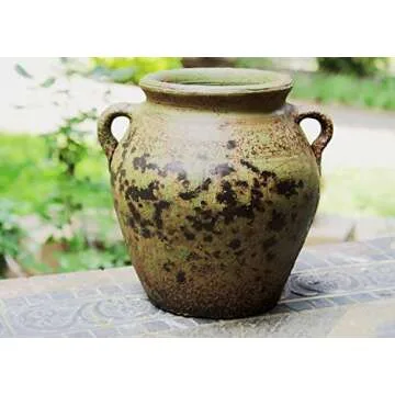 Egyptian Era Designed Earthen Ware Terra-Cotta Vessel/Planter with Looped Handles (Fat Belly Winter Green)
