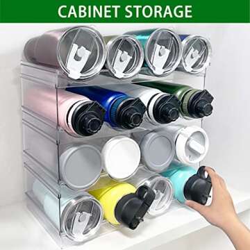Spaclear 4 Pack Water Bottle Organizer, Stackable Kitchen Home Pantry Organization and Storage Shelf, Plastic Water Bottle Holder for Fridge Cabinet Organizer and Storage, Tumbler Mug Cup Organizer