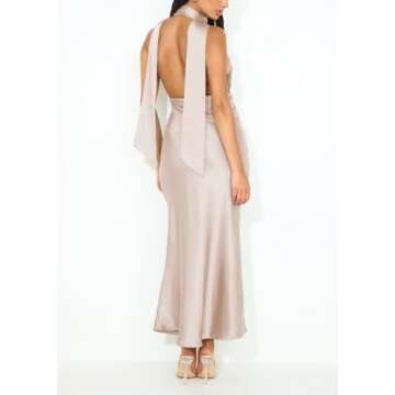 Summer Satin Halter Deep V Neck Backless Maxi Dresses for Women 2024 Silky Sleeveless Open Back Wedding Guest Long Dress Champagne