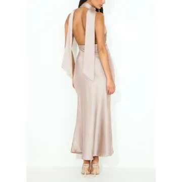 Summer Satin Halter Deep V Neck Maxi Dress for Women