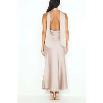Summer Satin Halter Deep V Neck Maxi Dress for Women