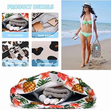Waterproof Beach Tote Pool Bags Women Ladies Large Gym Tote Carry On Bag With Wet Compartment for Weekender Travel (Leopard)