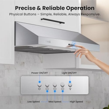 VIKIO HOME Under Cabinet Range Hood 30 Inch, 390 CFM Dual-Motor Kitchen Vent with LED Lights, Button Control, Ducted Vent Hood, Reusable 5-Layer Aluminum Filters, Stainless Steel