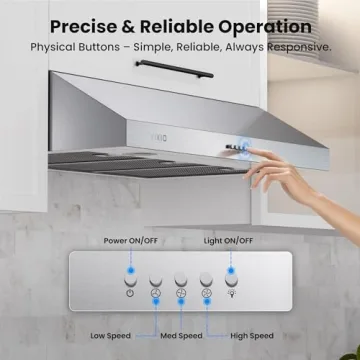 VIKIO HOME Under Cabinet Range Hood 30 Inch, 390 CFM Dual-Motor Kitchen Vent with LED Lights, Button Control, Ducted Vent Hood, Reusable 5-Layer Aluminum Filters, Stainless Steel