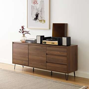 Crosley Furniture Teagan Mid Century Record Storage Sideboard Buffet Cabinet, Brown Oak