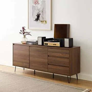 Crosley Furniture Teagan Mid Century Record Storage Sideboard Buffet Cabinet, Brown Oak