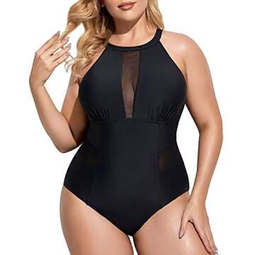 Daci Black Plus Size One Piece Swimsuits for Women High Neck Plunge Mesh Cut Out Bathing Suits 20 Plus