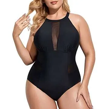 Daci Black Plus Size One Piece Swimsuits for Women High Neck Plunge Mesh Cut Out Bathing Suits 20 Plus