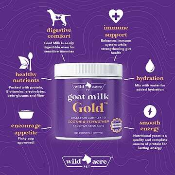 Wild Acre Goat Milk Powder for Dogs - Complete Protein Goat Milk with Nutritional Yeast for Sensitive Stomachs - Gentle Probiotic & Prebiotic Protein for Dogs, Puppies and Cats - 7oz, Goat Milk Gold