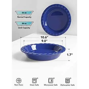 LE TAUCI Ceramic Pie Pans for Baking, 9 Inches Pie Plate for Apple Pie, Pecan Pie, 36 Ounce Deep Dish Pie Pan, Set of 2, Blue