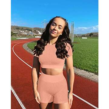 OYS Women's Seamless Workout Set 2 Piece High Waisted Yoga Gym Shorts Outfits Running Active Crop Top Clothes Pink