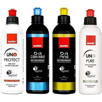 RUPES The Clean Garage New DA System Combo Kit | 4 250ml Bottles | Polish & Compound| Clean Garage Decal Included