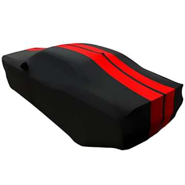 Dodge Challenger Indoor Car Cover - Ultraguard Stretch Satin Custom Fit for 2008-2023 Dodge Challenger SXT, GT, R/T, Scat Pack, Hellcat Redeye & Widebody (Black with Red Stripes)