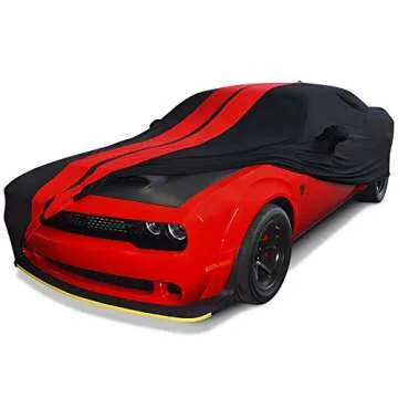 Dodge Challenger Indoor Car Cover - Ultraguard Stretch Satin Custom Fit for 2008-2023 Dodge Challenger SXT, GT, R/T, Scat Pack, Hellcat Redeye & Widebody (Black with Red Stripes)