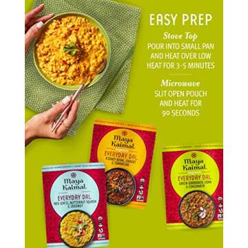 Maya Kaimal Foods - Organic Indian Everyday Dal - 6 pack variety of 10oz Ready to Eat Meals - Fully Cooked - Vegan - Kosher - Microwavable - made from Lentils, Beans, Squash, Coconut, Peas