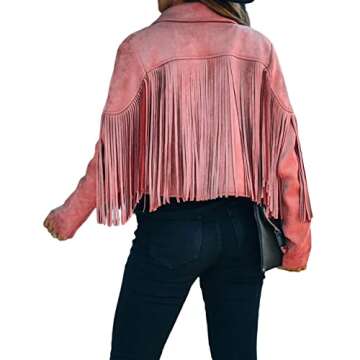 Stylish CHARTOU Casual Faux Leather Motorcycle Jacket with Fringe in Pink