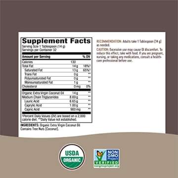 Nature's Way Organic Extra Virgin Coconut Oil, Pure and Unrefined, 62% MCTs, 16 Oz