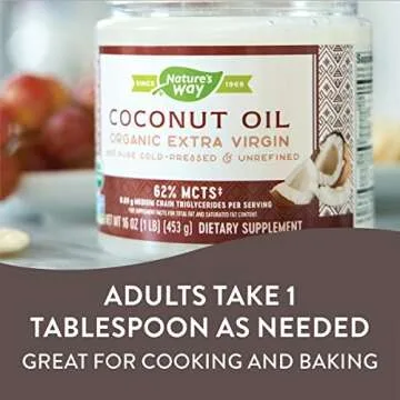 Nature's Way Organic Extra Virgin Coconut Oil, Pure and Unrefined, 62% MCTs, 16 Oz
