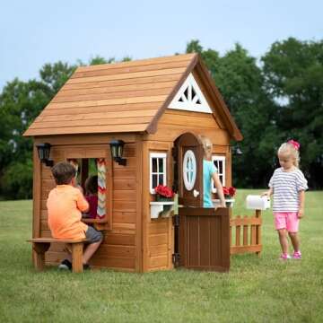 Backyard Discovery Aspen All Cedar Wooden Playhouse, Country Style, Dutch Front Door, Flower Pot Holders, Stove, Sink, Plastic Food, Doorbell, Mailbox, Outdoor Light Attached Picnic Bench
