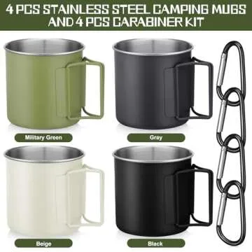Zhehao 4 Pcs Camping Mugs with Folding Handles D Ring Stainless Steel Camping Cups Portable 12 oz Ba...