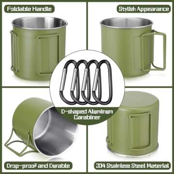 Zhehao 4 Pcs Camping Mugs with Folding Handles D Ring Stainless Steel Camping Cups Portable 12 oz Backpacking Mugs Camping Coffee Cups Travel Cups for Outdoor Camping Hiking Climbing Picnic