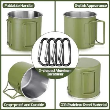 Zhehao 4 Pcs Camping Mugs with Folding Handles D Ring Stainless Steel Camping Cups Portable 12 oz Backpacking Mugs Camping Coffee Cups Travel Cups for Outdoor Camping Hiking Climbing Picnic