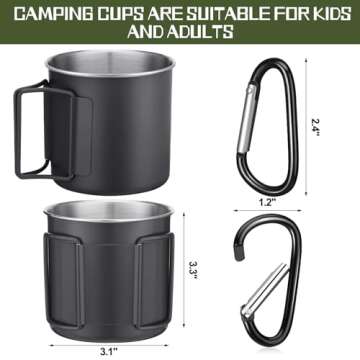 Zhehao 4 Pcs Camping Mugs with Folding Handles D Ring Stainless Steel Camping Cups Portable 12 oz Backpacking Mugs Camping Coffee Cups Travel Cups for Outdoor Camping Hiking Climbing Picnic
