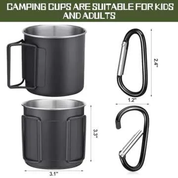 Zhehao 4 Pcs Camping Mugs with Folding Handles D Ring Stainless Steel Camping Cups Portable 12 oz Backpacking Mugs Camping Coffee Cups Travel Cups for Outdoor Camping Hiking Climbing Picnic