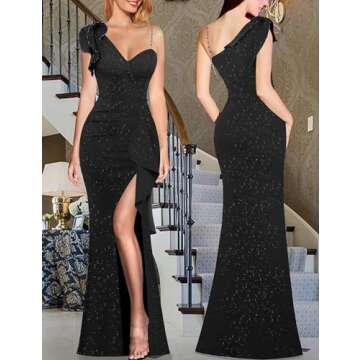 VFSHOW Womens Elegant Ruffle One Shoulder Beaded Strap Wedding Formal Maxi Dress 2023 Ruched Slit Cocktail Evening Sparkly Long Gown (Black, Medium) 3119 BLK M