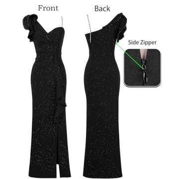 VFSHOW Womens Elegant Ruffle One Shoulder Beaded Strap Wedding Formal Maxi Dress 2023 Ruched Slit Cocktail Evening Sparkly Long Gown (Black, Medium) 3119 BLK M