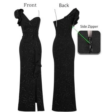VFSHOW Womens Elegant Ruffle One Shoulder Beaded Strap Wedding Formal Maxi Dress 2023 Ruched Slit Cocktail Evening Sparkly Long Gown (Black, Medium) 3119 BLK M