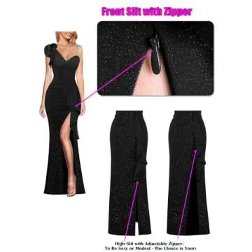 VFSHOW Womens Elegant Ruffle One Shoulder Beaded Strap Wedding Formal Maxi Dress 2023 Ruched Slit Cocktail Evening Sparkly Long Gown (Black, Medium) 3119 BLK M