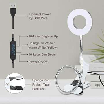 Bekada LED Desk Light with Clamp for Video Conference Lighting, Clip on LED Ring Light for Computer Webcam, USB Laptop Light for Zoom Meetings, Reading Light with 3 Color 10 Dimming Level (Silvery)
