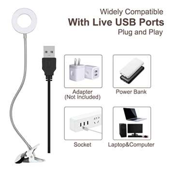Bekada LED Desk Light with Clamp for Video Conference Lighting, Clip on LED Ring Light for Computer Webcam, USB Laptop Light for Zoom Meetings, Reading Light with 3 Color 10 Dimming Level (Silvery)