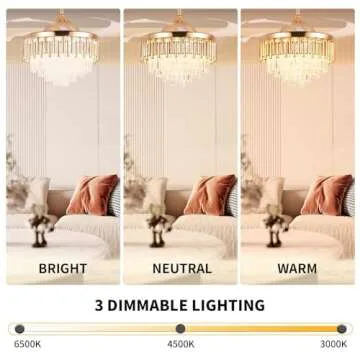 MORE CHANGE MoreChange 42" Crystal Fandaliers Ceiling Fan with Lights Retractable Blades Remote Control Modern Chandelier Fan 3 Speeds 3 Color Changes Lighting Fixtures, Silent Motor with LED Kits