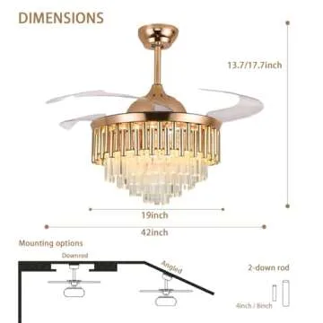 MORE CHANGE MoreChange 42" Crystal Fandaliers Ceiling Fan with Lights Retractable Blades Remote Control Modern Chandelier Fan 3 Speeds 3 Color Changes Lighting Fixtures, Silent Motor with LED Kits