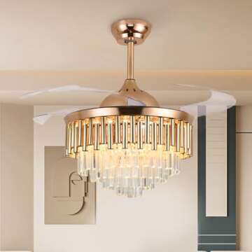 MORE CHANGE MoreChange 42" Crystal Fandaliers Ceiling Fan with Lights Retractable Blades Remote Control Modern Chandelier Fan 3 Speeds 3 Color Changes Lighting Fixtures, Silent Motor with LED Kits