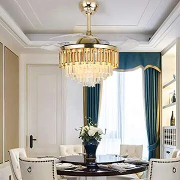 MORE CHANGE MoreChange 42" Crystal Fandaliers Ceiling Fan with Lights Retractable Blades Remote Control Modern Chandelier Fan 3 Speeds 3 Color Changes Lighting Fixtures, Silent Motor with LED Kits