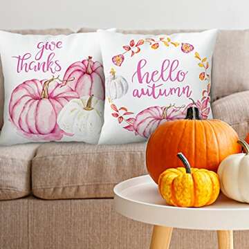 Whaline Hello Autumn Pillow Covers Pink Pumpkin Throw Cushion Cover Autumn Harvest Pillow Case Cushion Case for Fall Thanksgiving Sofa Couch Bedroom Home Office Decor, 18" x 18", 4Pcs