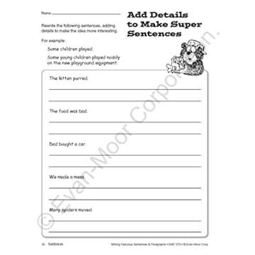 Evan-Moor Writing Fabulous Sentences & Paragraphs, Grades 4-6, Homeschool & Classroom Workbook, Activities, Main Ideas, Topic Sentences, Figurative Language, Descriptive Details, Writing Skills