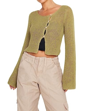 Yuemengxuan Sexy Y2K Cropped Top Long Sleeve Fairy Shirt for Women in Green, X-Large