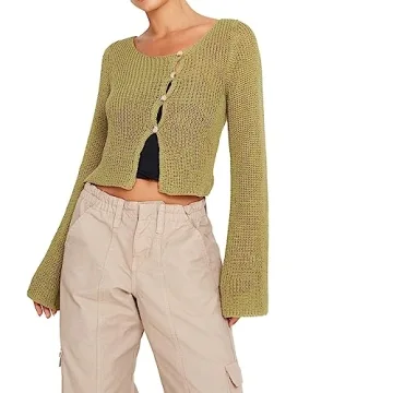 Yuemengxuan Sexy Y2K Cropped Top Long Sleeve Fairy Shirt for Women in Green, X-Large