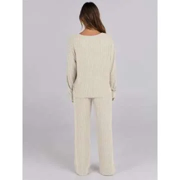 ANRABESS Women 2 Piece Lounge Pajamas Sets Casual Ribbed Knit Long Sleeve Top Pants Matching Set 2025 Fall Outfits Clothes
