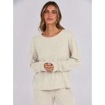 ANRABESS Women 2 Piece Lounge Pajamas Sets Casual Ribbed Knit Long Sleeve Top Pants Matching Set 2025 Fall Outfits Clothes