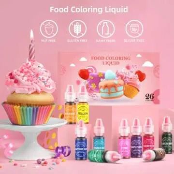 Food Coloring for Baking - 26 Vibrant Cake Coloring Liquid Set for Dessert Decorating, Food Grade Food Dye for Icing,Fondant,Cookies,Easter Egg,Making DIY Supplies Kit- 0.25 Fl. oz (6 ml)/Bottles