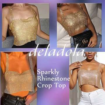 deladola Rhinestones Crop Top Gold Sparkly Crystal Tank Tops Backless Summer Beach Outfit for Women and Girls (Gold)