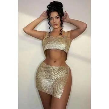 deladola Rhinestones Crop Top Gold Sparkly Crystal Tank Tops Backless Summer Beach Outfit for Women and Girls (Gold)