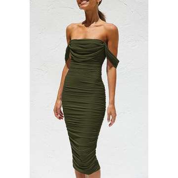 PRETTYGARDEN Women's Summer Off The Shoulder Ruched Bodycon Dresses Sleeveless Fitted Party Club Midi Dress (Army Green,X-Large)